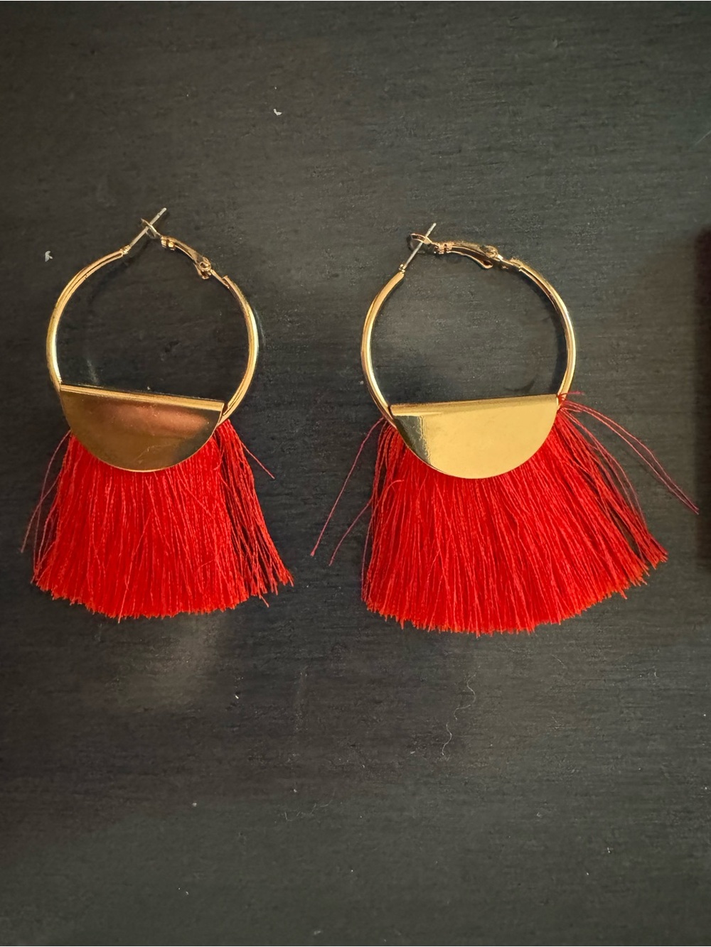Gold Hoop Earrings with Red Tassels - Women's Fashion Jewelry